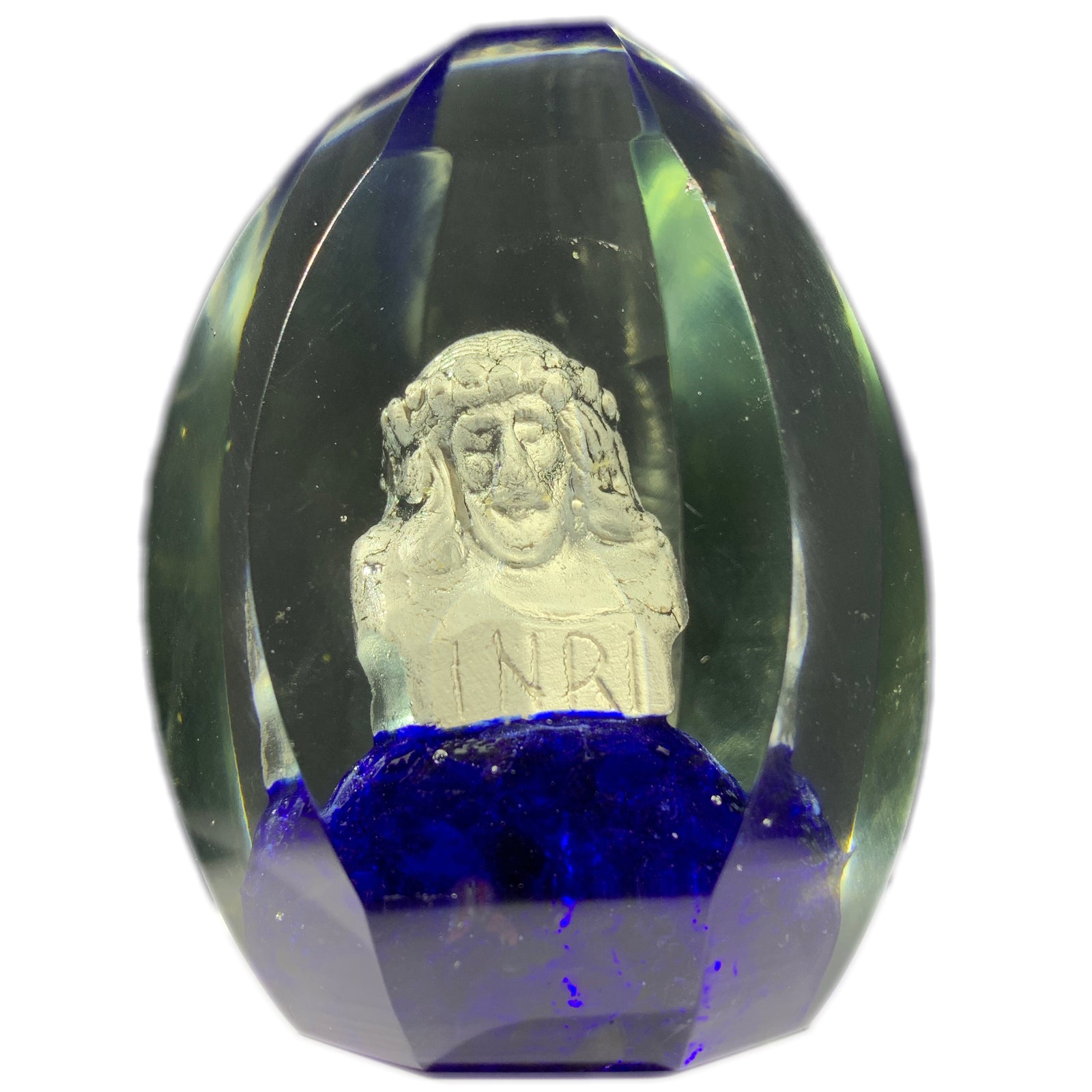 Czechoslovakian Faceted Art Glass Paperweight Christ Sulphide on Blue Ground