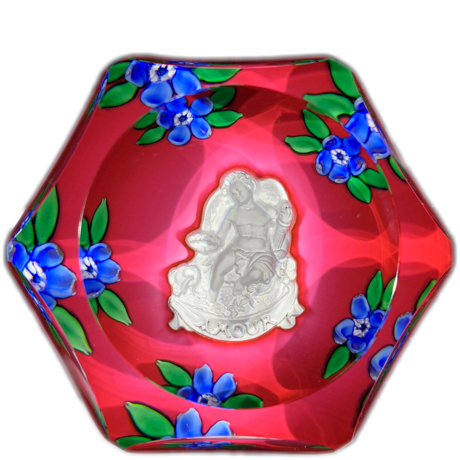 Vintage Saint Louis Art Glass Paperweight Lampwork Blossoms and Amour Cupid Sulphide