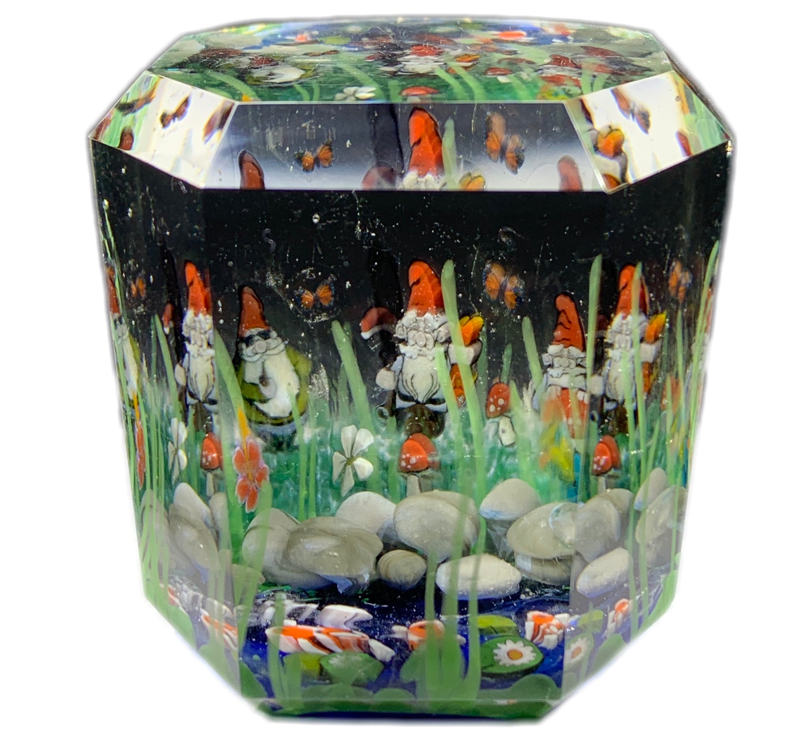 Contemporary Josh Kennedy KennaRoo Art Glass Paperweight Faceted 2018 Murrine Gnome Koi Pond