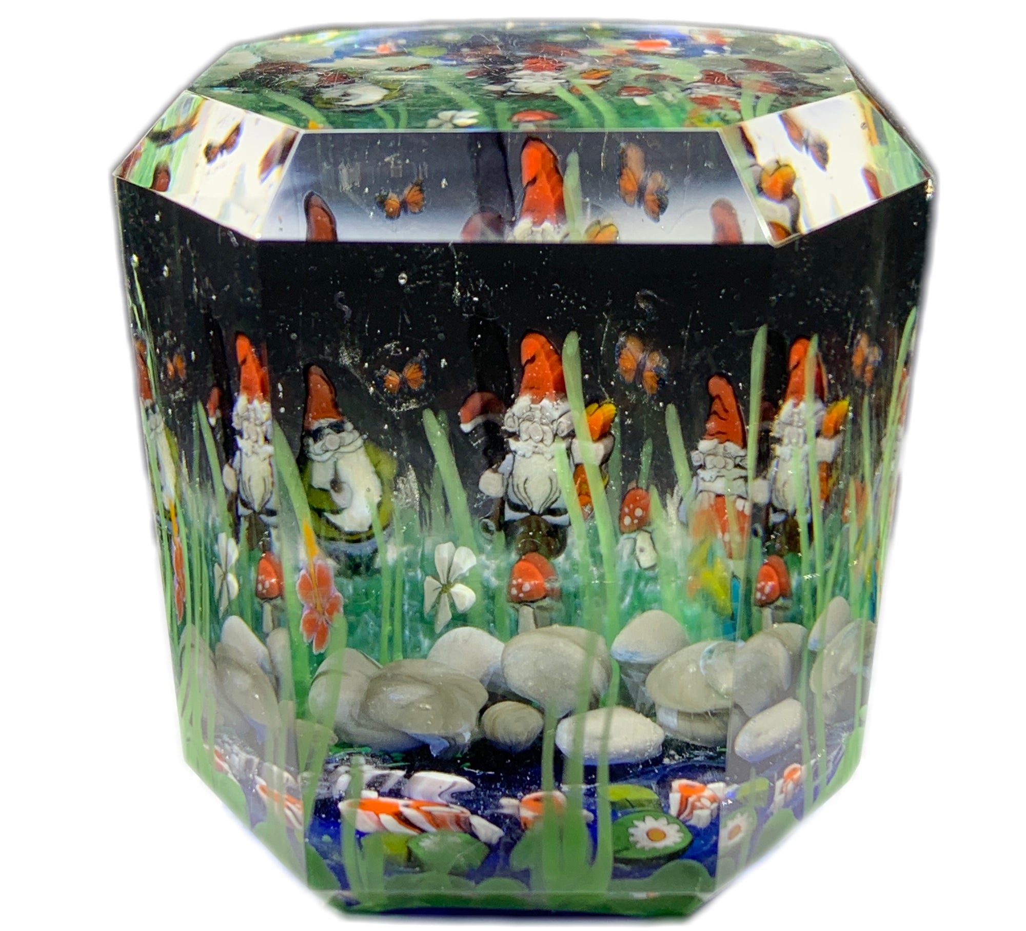 Contemporary Josh Kennedy KennaRoo Art Glass Paperweight Faceted 2018 Murrine Gnome Koi Pond
