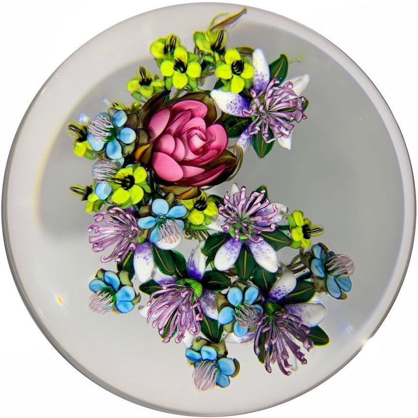 Ken Rosenfeld 2015 Art Glass Paperweight Large Lampwork Flower Bouquet
