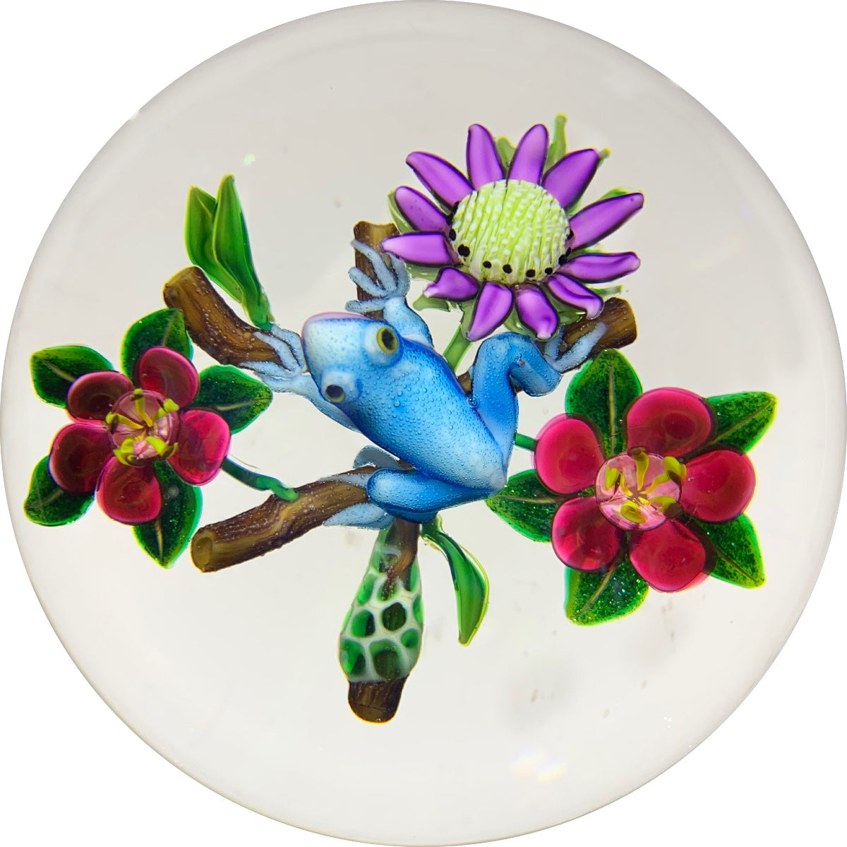 Ken Rosenfeld 2019 Lampwork Blue Frog with Three Flowers