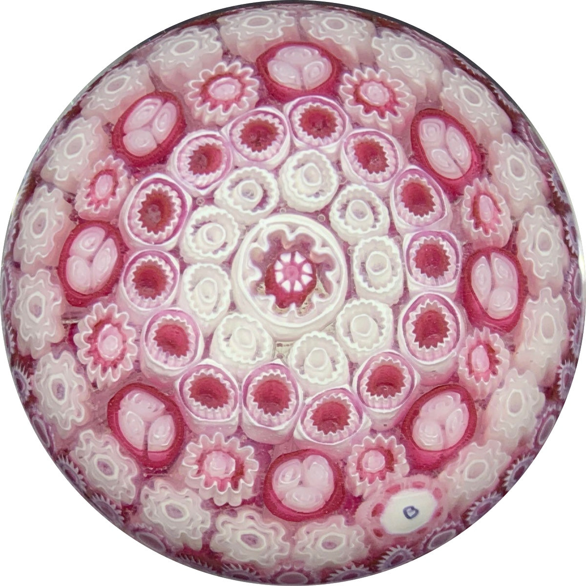 Jim Brown 2004 Glass Art Paperweight Concentric Pink & White Millefiori