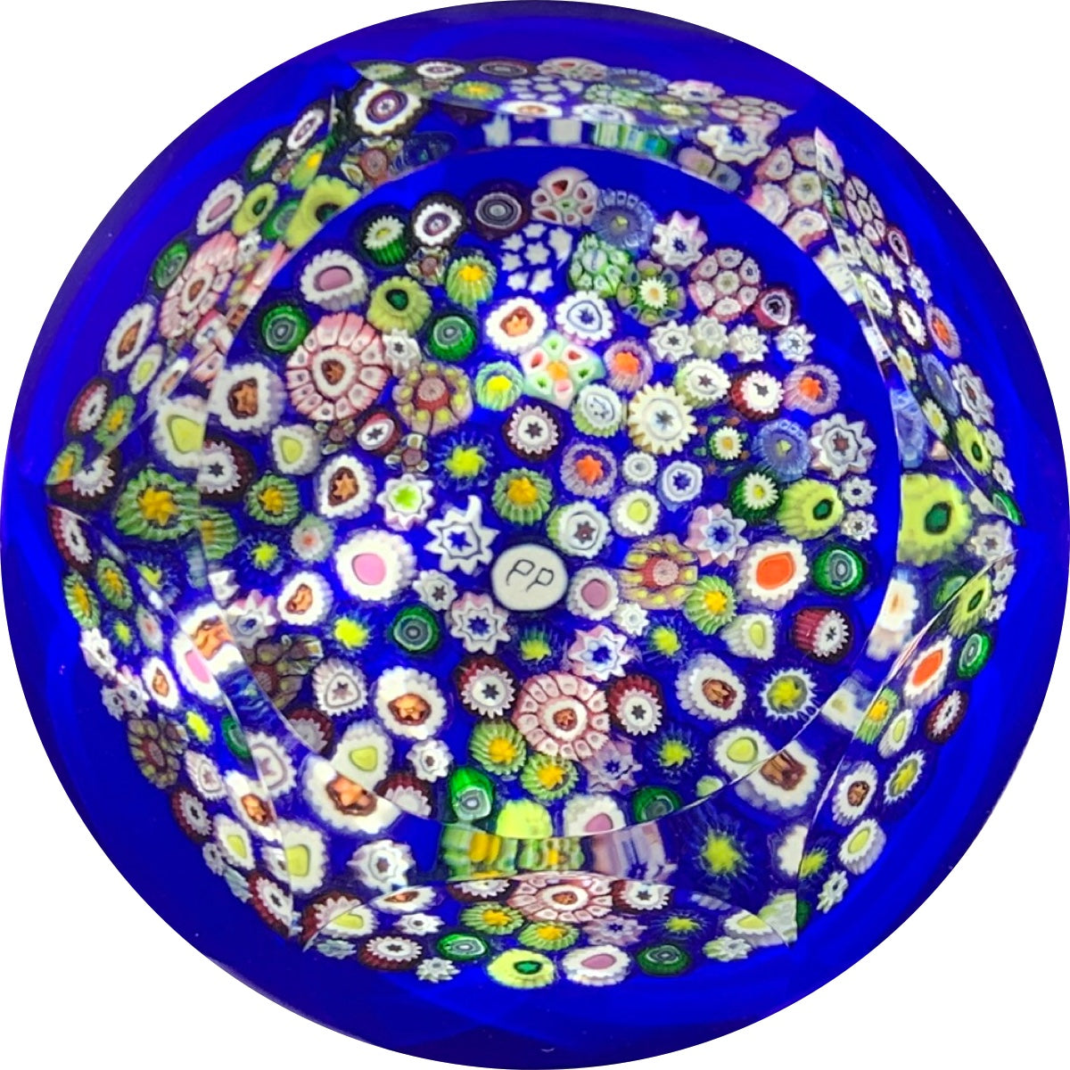 Phoenix Paperweights 2002 Faceted Closepack Millefiori on Opaque Blue 1 of 1