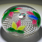 Antique New England Glass Co. (NEGC) Glass Art Paperweight Lampwork Triple Leaf Spray with Millefiori on White Filigree Basket