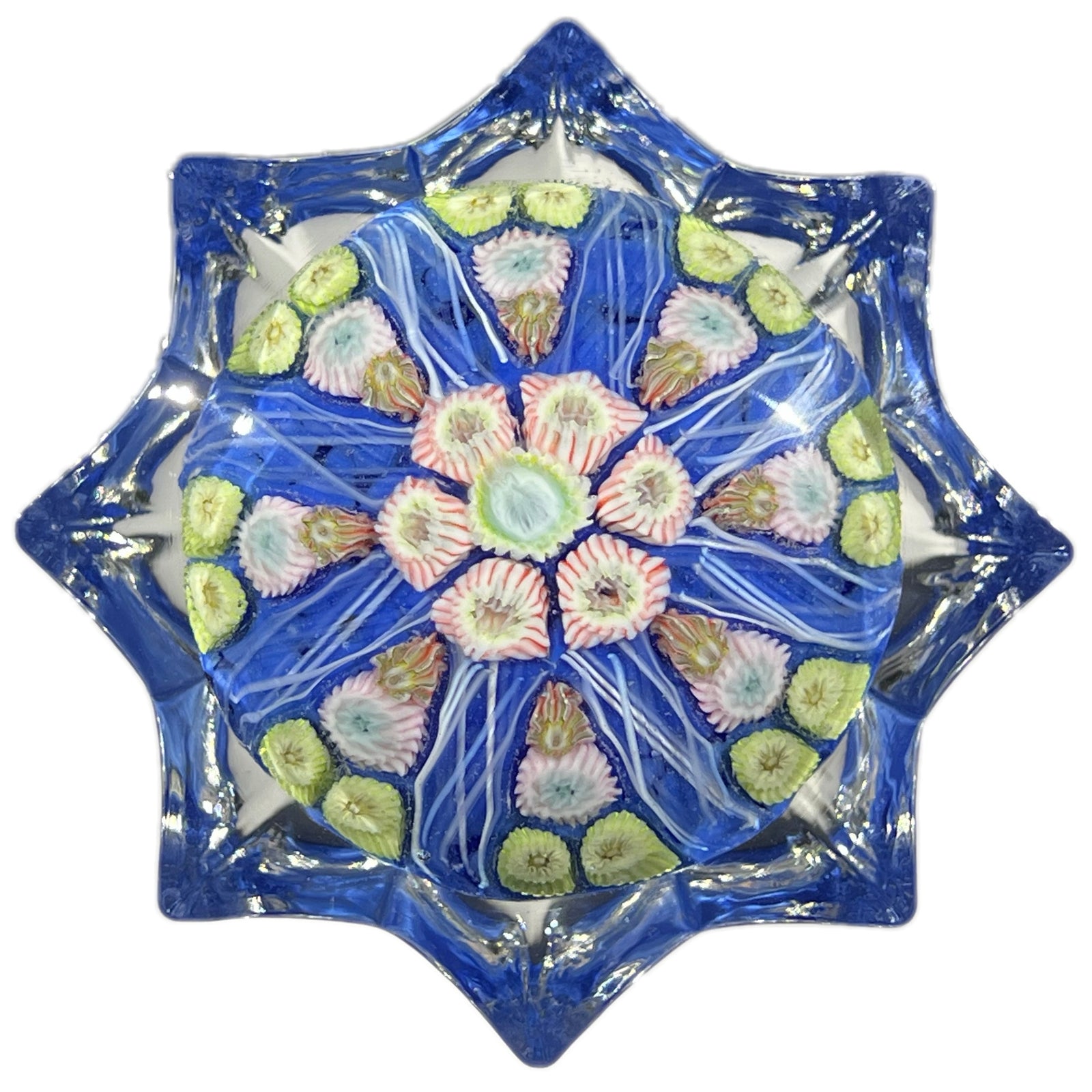 Vintage Strathearn Pressed Star Glass Art Paperweight with Paneled Millefiori on Blue Ground