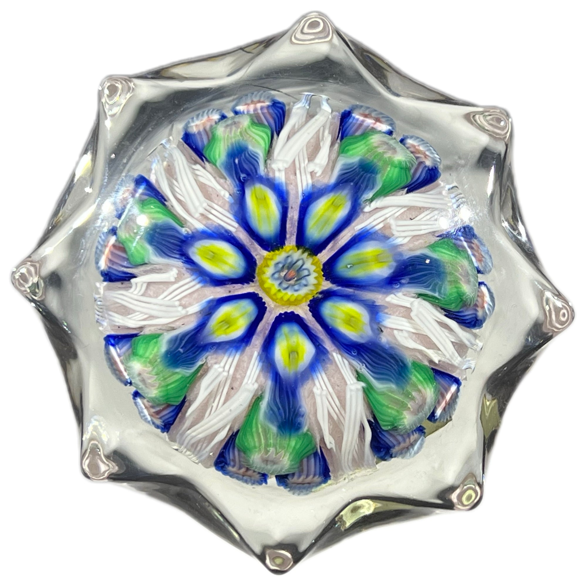 Vintage Strathearn Pressed Star Glass Art Paperweight with Radial Millefiori & Filigree Design