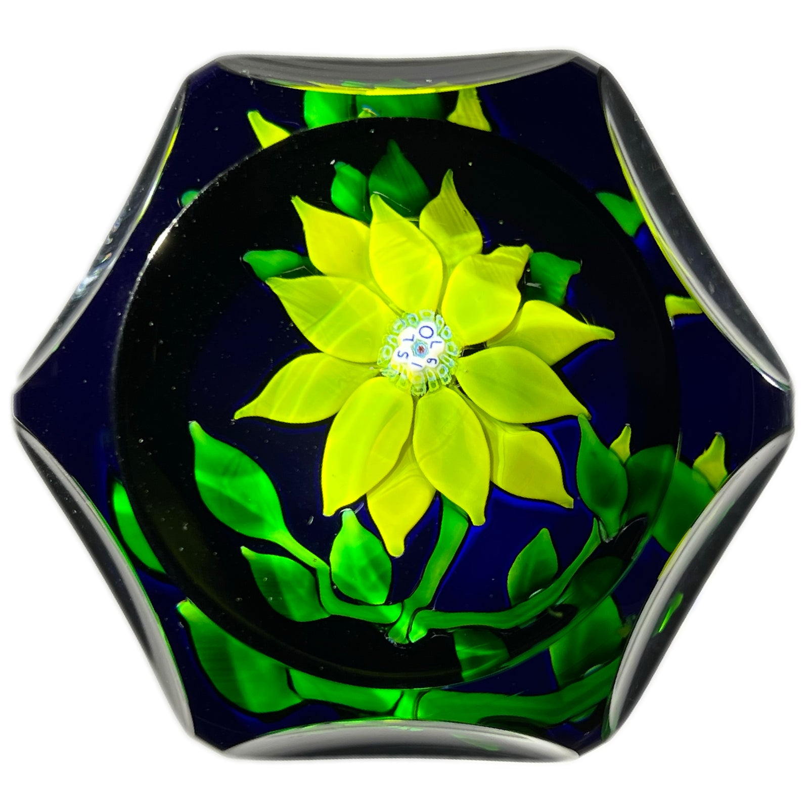 Faceted Saint-Louis 1970 Flamework Yellow Clematis Flower on Translucent Cobalt Blue Ground