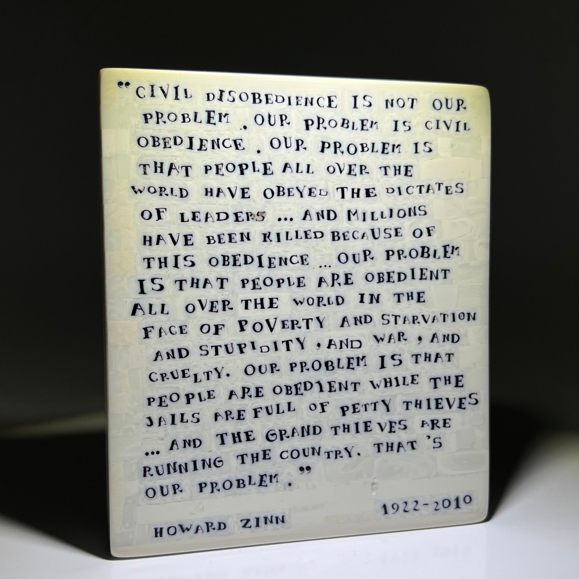 Monumental Mathieu Grodet 2021 Glass Art Murrine Tablet with Howard Zinn Quotation