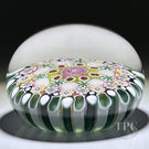 Damon MacNaught 2023 Glass Art Paperweight Complex Concentric Millefiori with Large Pink Rose Center and Green & White