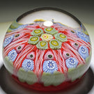 Vintage Strathearn Glass Art Paperweight Colorful Paneled Millefiori and White Filigree on Opaque Red Ground