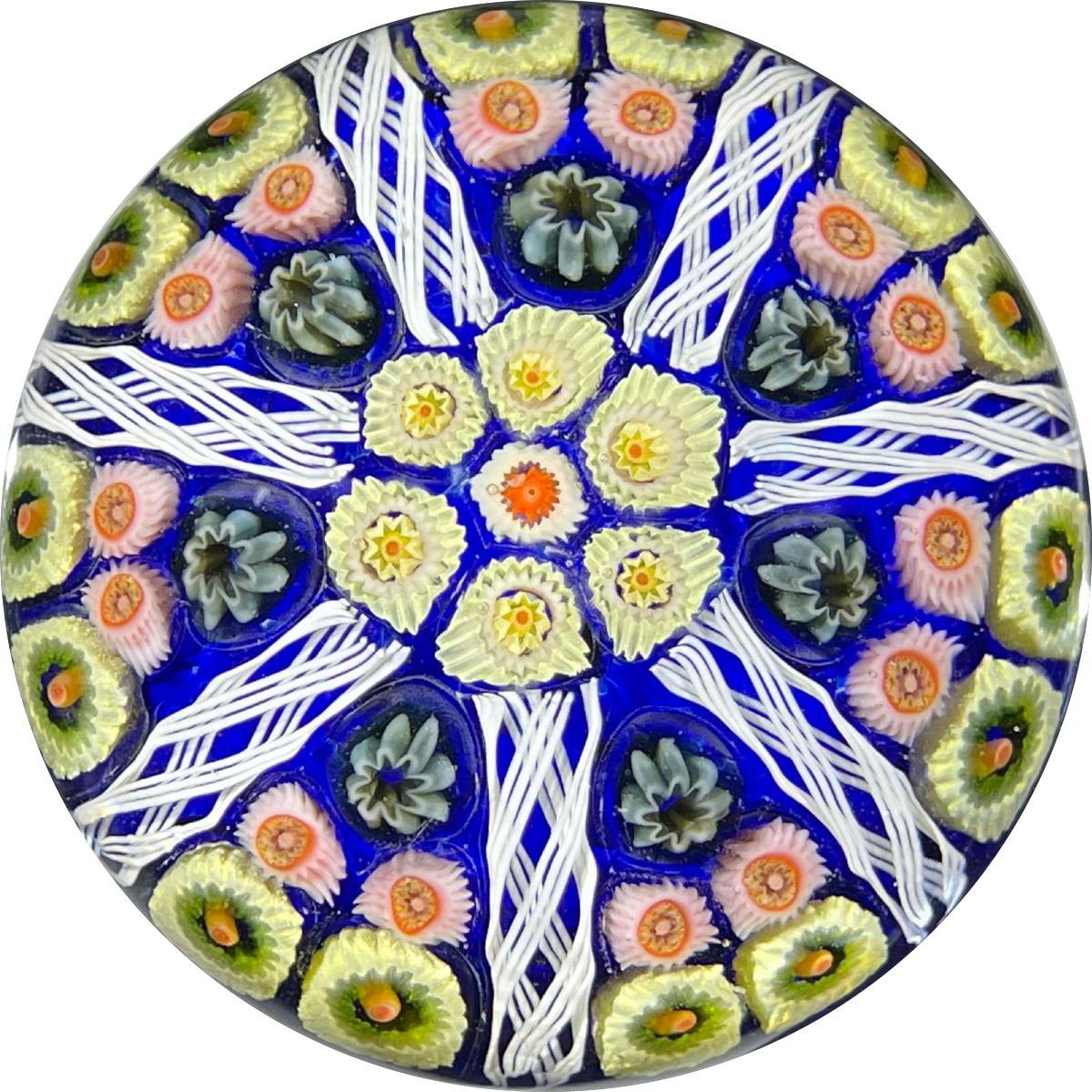 Vintage Strathearn Glass Art Paperweight Colorful Paneled Millefiori with Filligree on Blue Ground