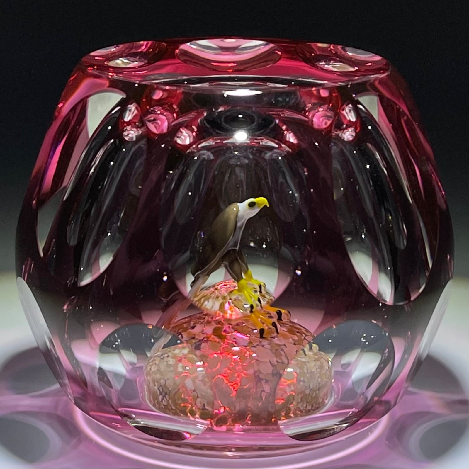 LE Perthshire Paperweights P1987 Hollow Blown Faceted Ruby Red Overlay with American Bald Eagle
