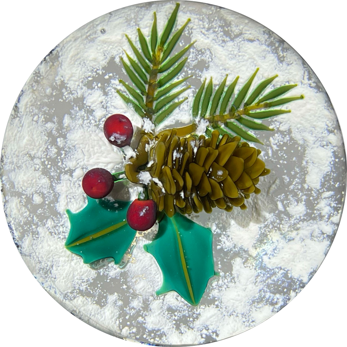 Ken Rosenfeld 2002 Flamework Pinecone & Holly Sprig on Snow