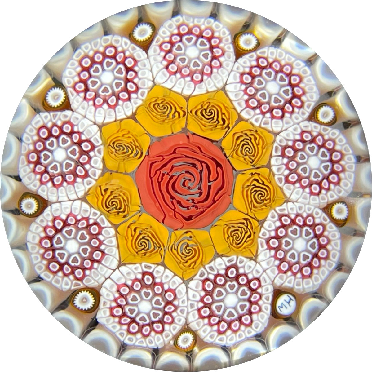 Michael Hunter 2021 Concentric Complex Millefiori in Stave Basket with Red & Orange Rose Canes