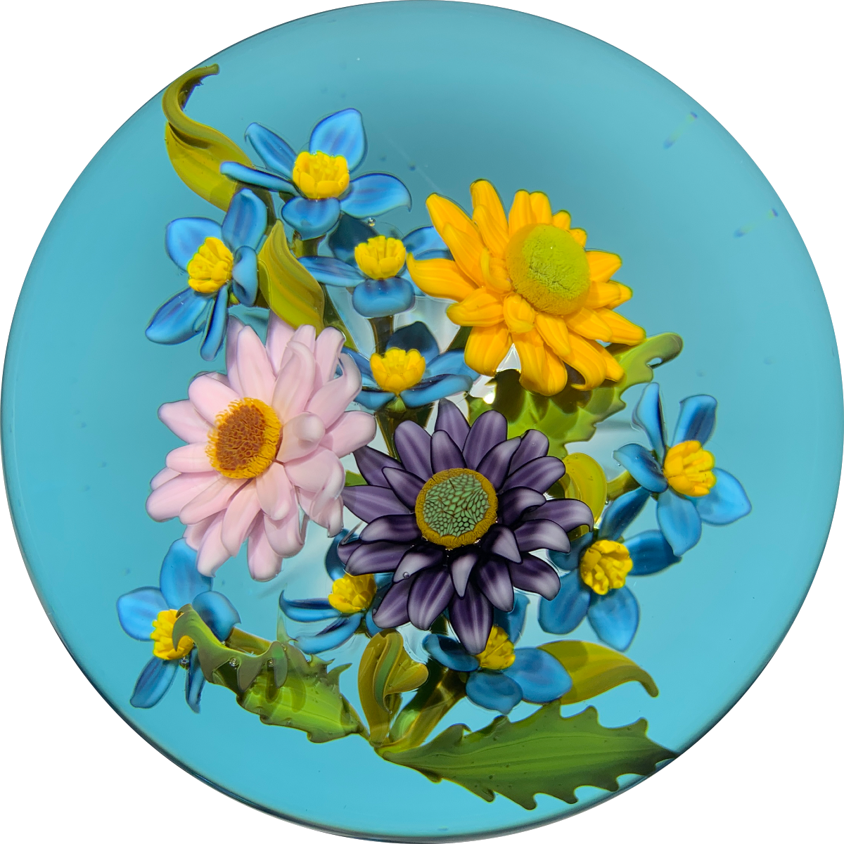 Gordon Smith 2020 Flamework Wild Flower Daisy Bouquet on Transparent Blue Star Cut Base