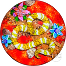Ken Rosenfeld 2023 Glass Art Paperweight Flamework Banded Yellow/White & Brown Scaled Snake on Red Sand with Pebbles & Perennial Flowers