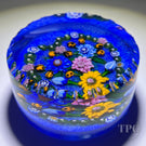 Debbie Tarsitano 2000 Glass Art Paperweight Flamework Flowers with Complex Millefiori & Ladybugs on Blue