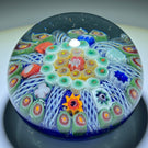 Vintage Vasart Glass Art Paperweight Radial Millefiori with White Filigree Panels on Opaque Blue