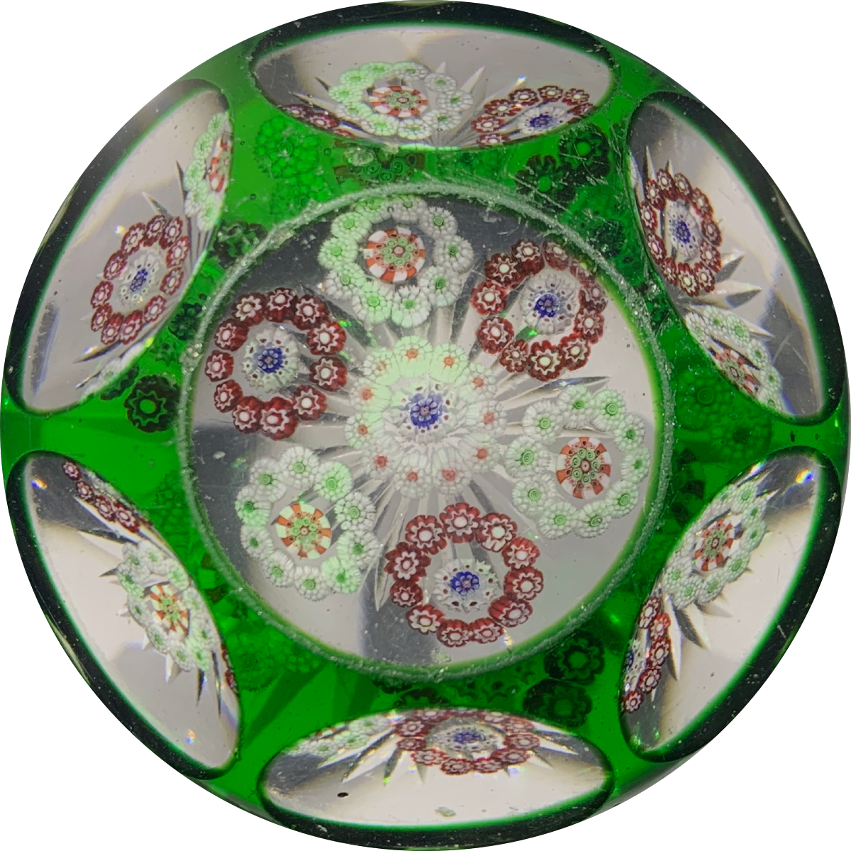 Uncommon Antique Baccarat Millefiori Roundels With Faceted Emerald Green Flash Overlay