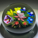 Ken Rosenfeld 2022 Glass Art Paperweight Flamework Flower Bouquet on Transparent Dark Emerald Green Ground
