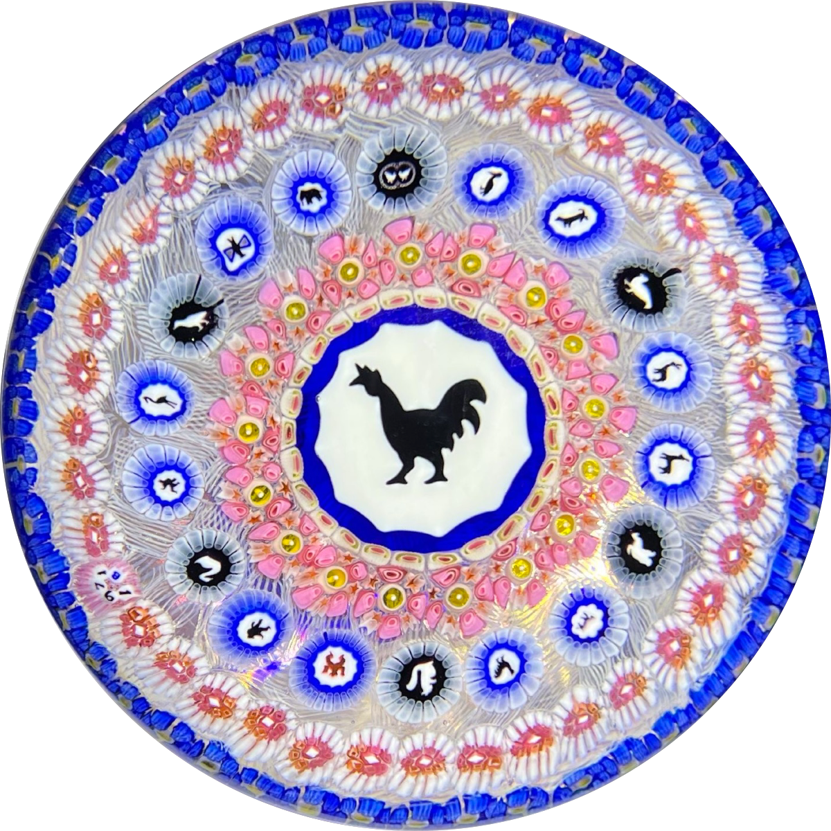 Baccarat 1971 LE Coq Noir Concentric Complex Millefiori & Silhouette Murrine with Large Rooster Gridel Cane