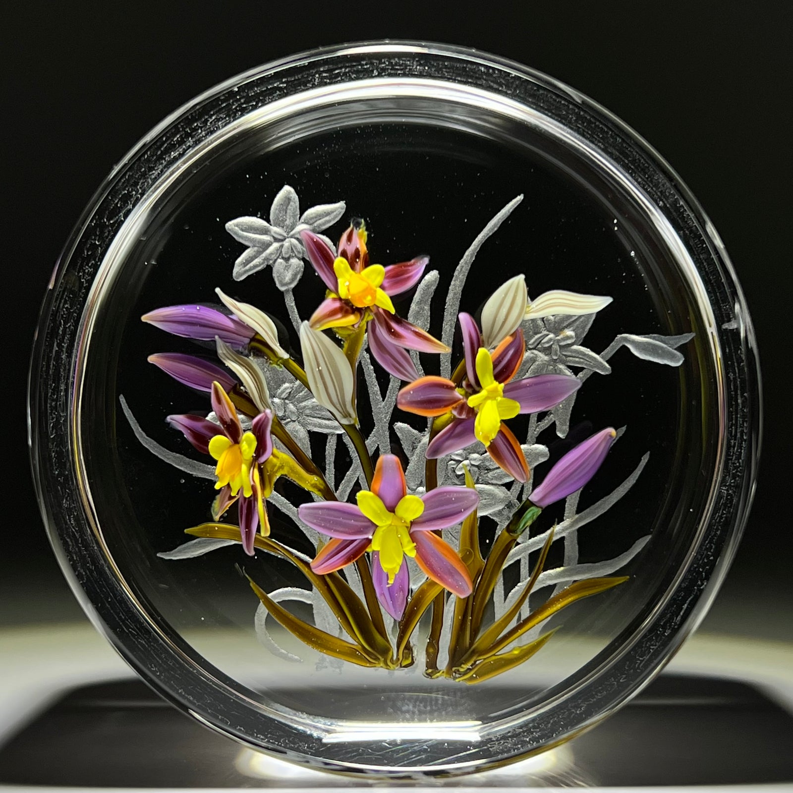 Cathy Richardson 2021 Engraved Queen of Sheba Orchids 1 of 1 Glass Art Paperweight