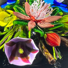 Ken Rosenfeld 2022 Glass Art Paperweight Flamework Flower Bouquet on Transparent Dark Emerald Green Ground