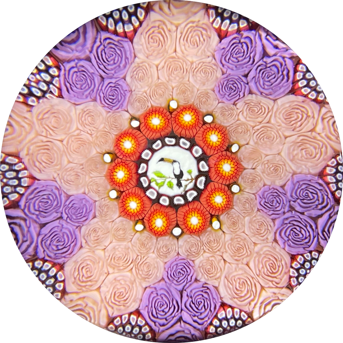 Michael Hunter 2021 Patterned Pink & Purple Rose Carpet Ground with Toucan Picture Murrine