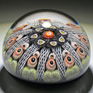 Vintage Strathearn Glass Art Paperweight Colorful Paneled Millefiori and White Filigree on Opaque Black Ground