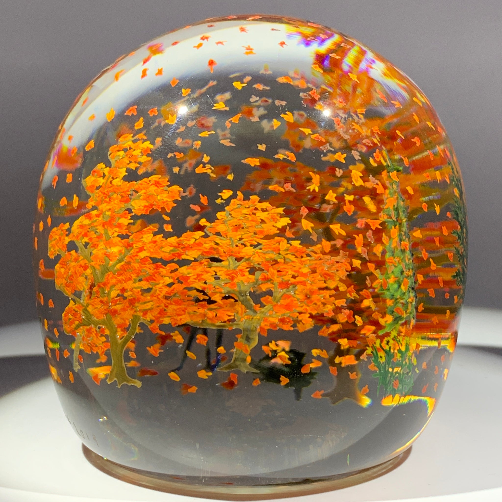 Autumn Ruzsa Signed Alison Ruzsa Windy Falling Leaves Autumn Scene Art Glass Paperw