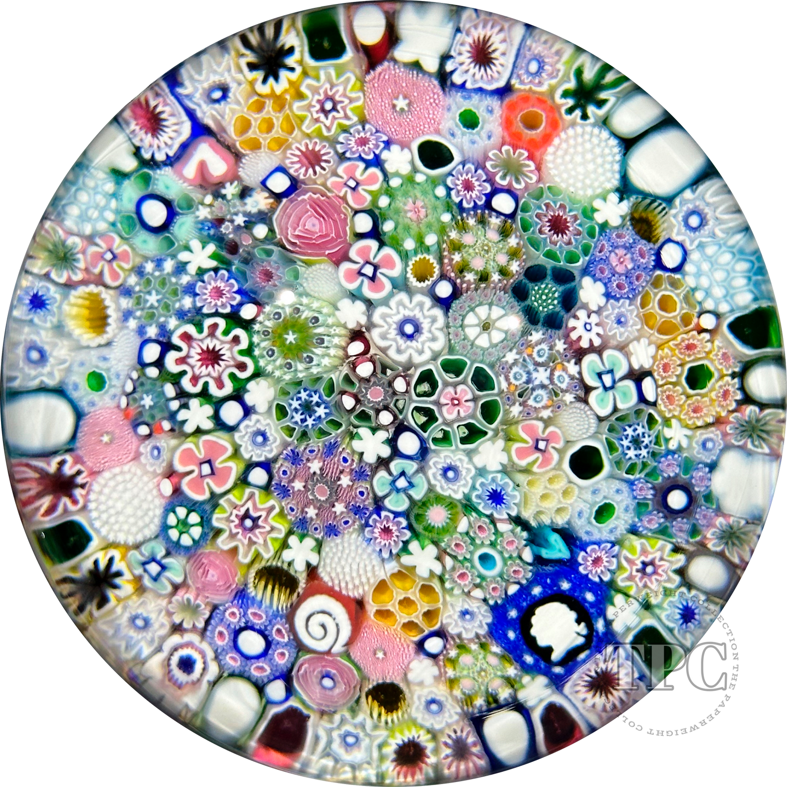 Magnum Damon MacNaught 2023 Glass Art Paperweight Closepack Complex Millefiori with Washington Silhouette & Roses
