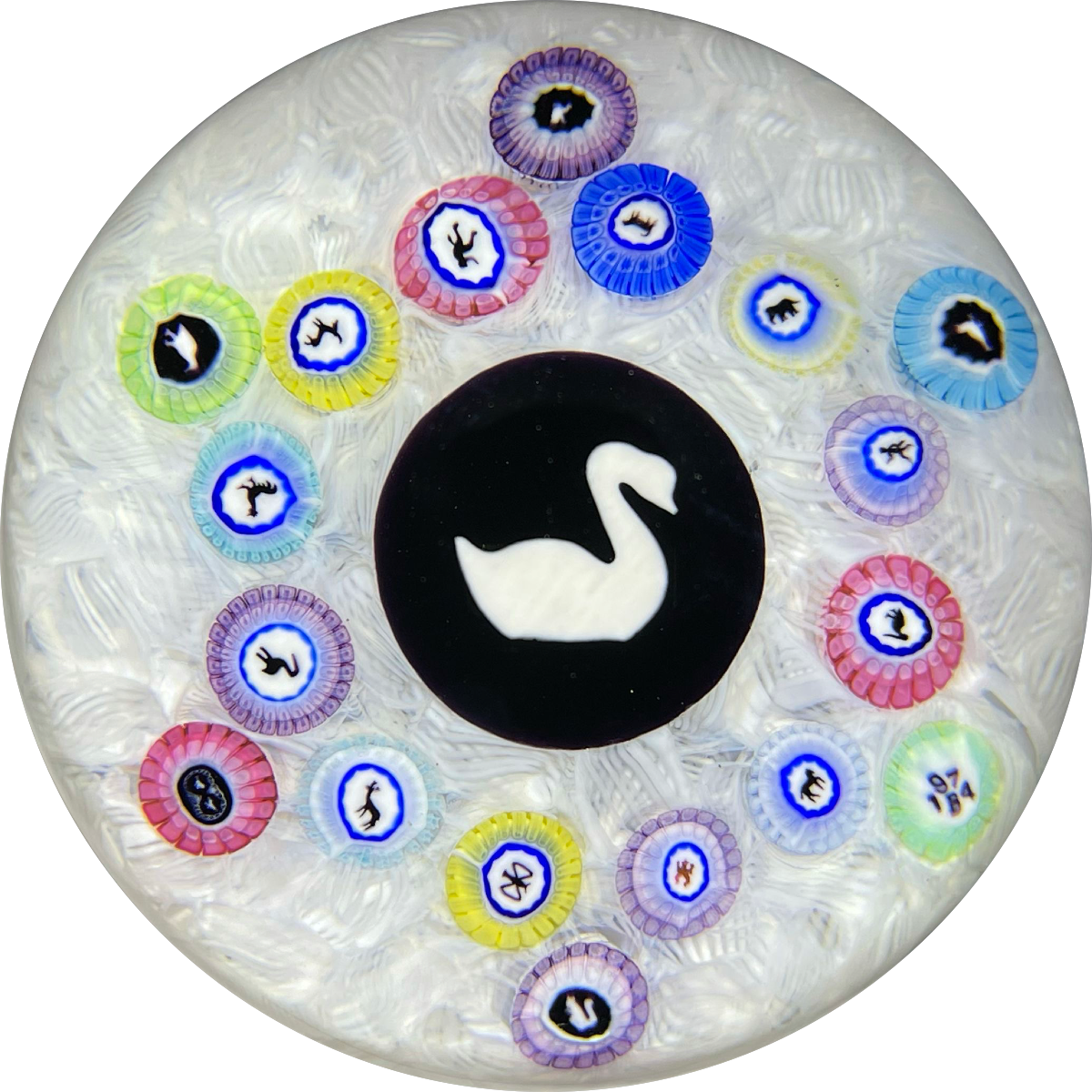 Baccarat 1974 Art Glass Paperweight Gridel Silhouette Millefiori Swan with Complex Millefiori