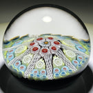 Vintage Strathearn Glass Art Paperweight Colorful Paneled Millefiori and White Filigree on Opaque Black Ground