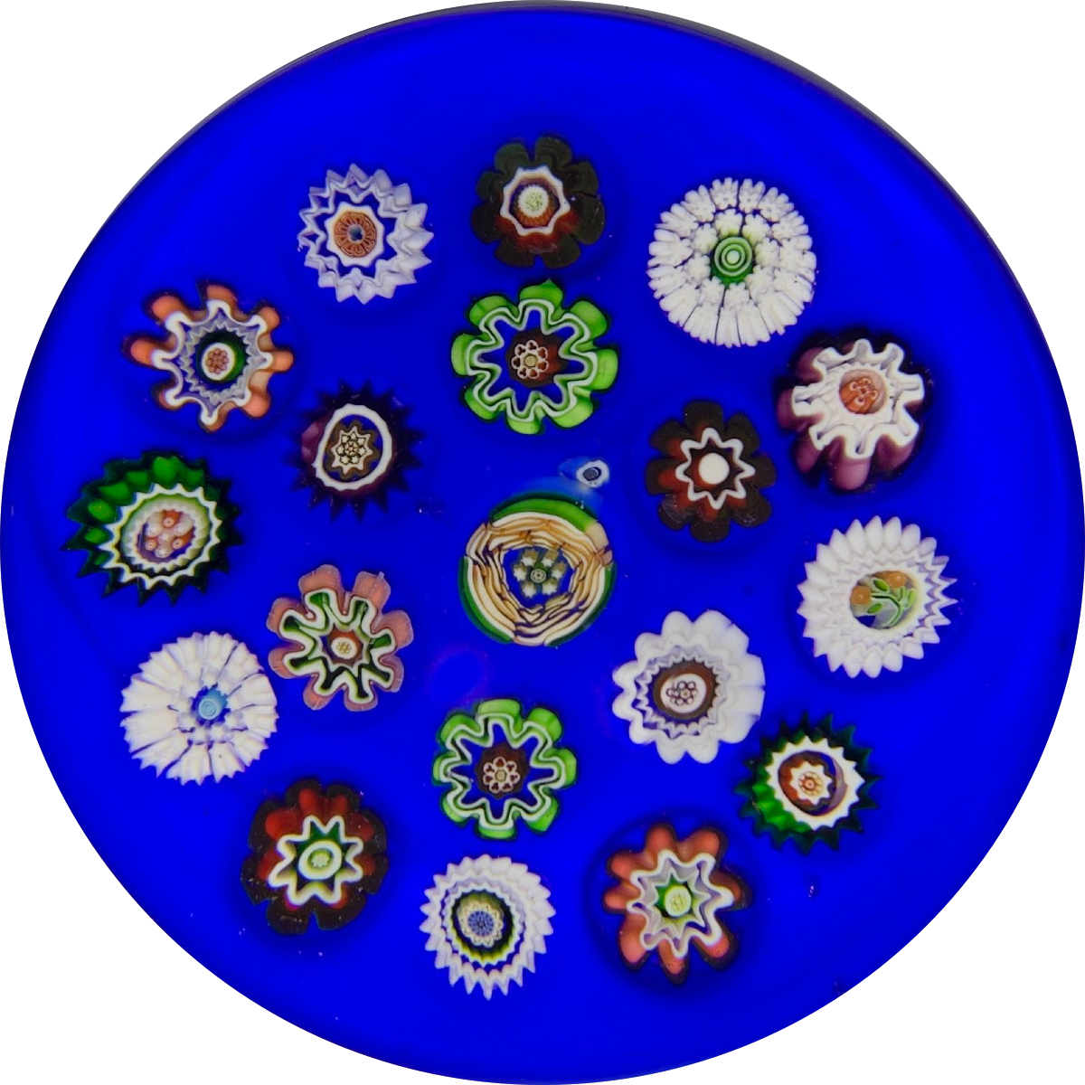 Antique Baccarat Complex Millefiori On Opaque Blue Ground With Rare Rose Cane Center