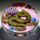 Ken Rosenfeld 2022 Glass Art Paperweight Flamework Brown Scaled Snake on Pink Sand with Pebbles & Perennial Flowers