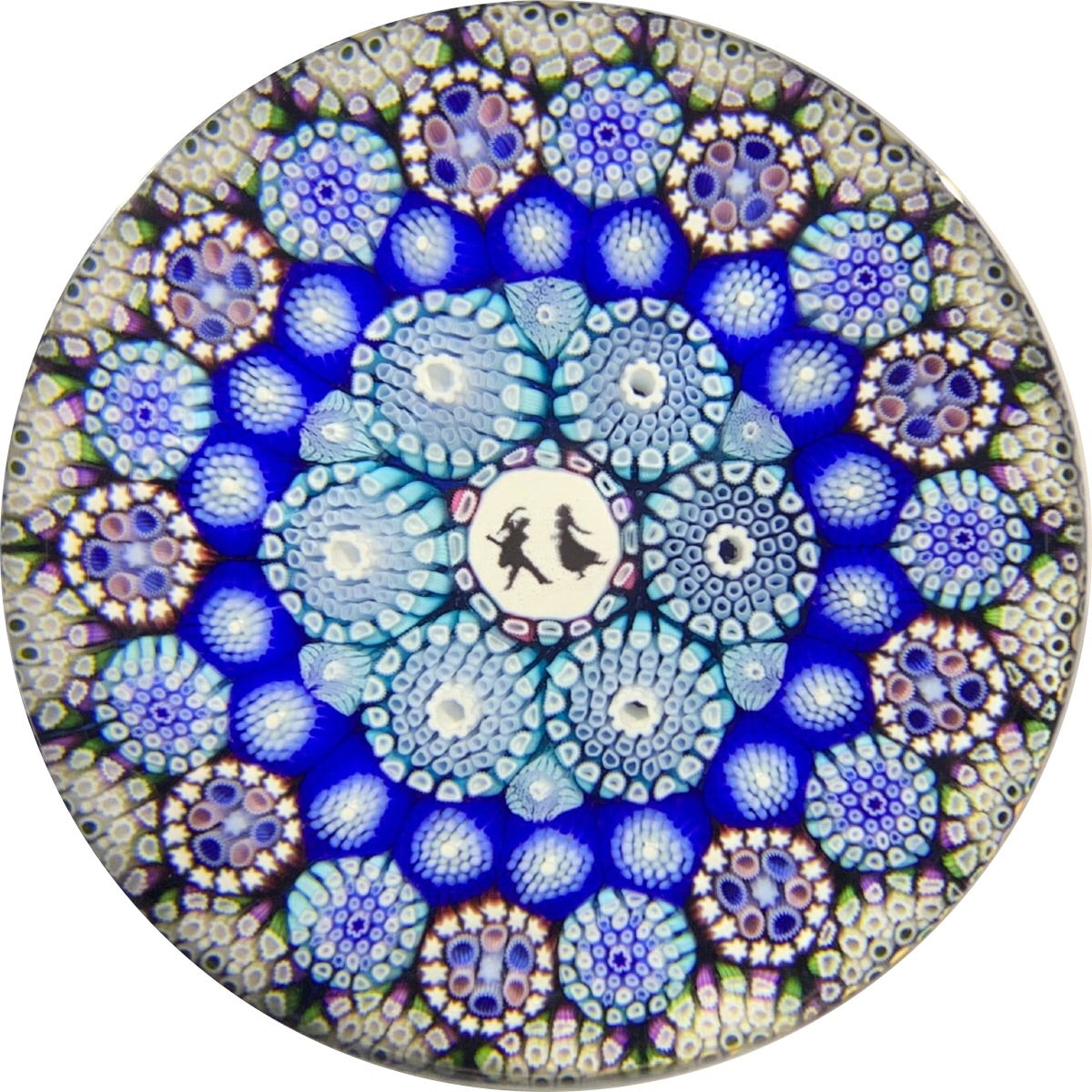 Michael Hunter Twists Studio 2019 Art Glass Paperweight Complex Close Concentric Millefiori & Dancer Silhouette