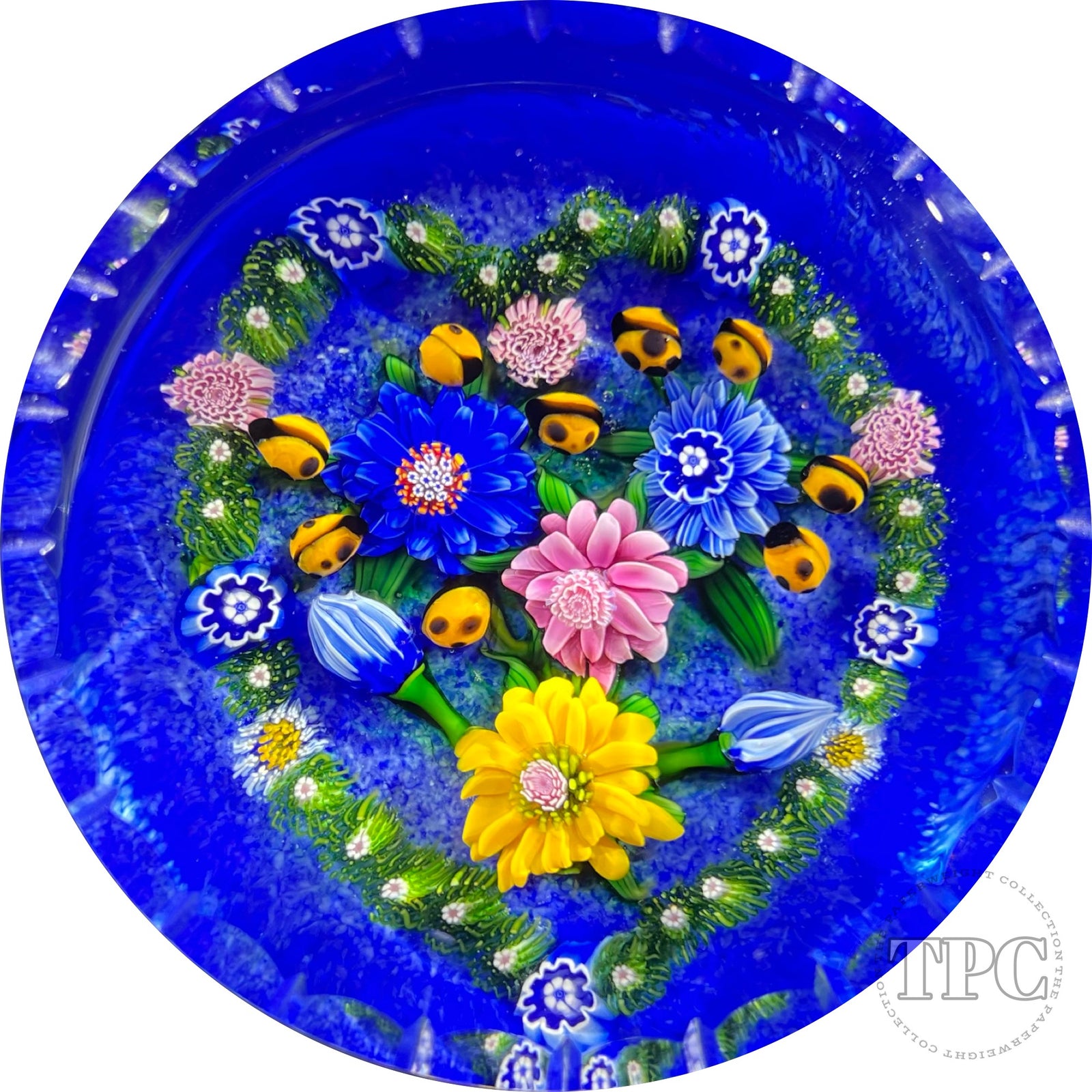 Debbie Tarsitano 2000 Glass Art Paperweight Flamework Flowers with Complex Millefiori & Ladybugs on Blue