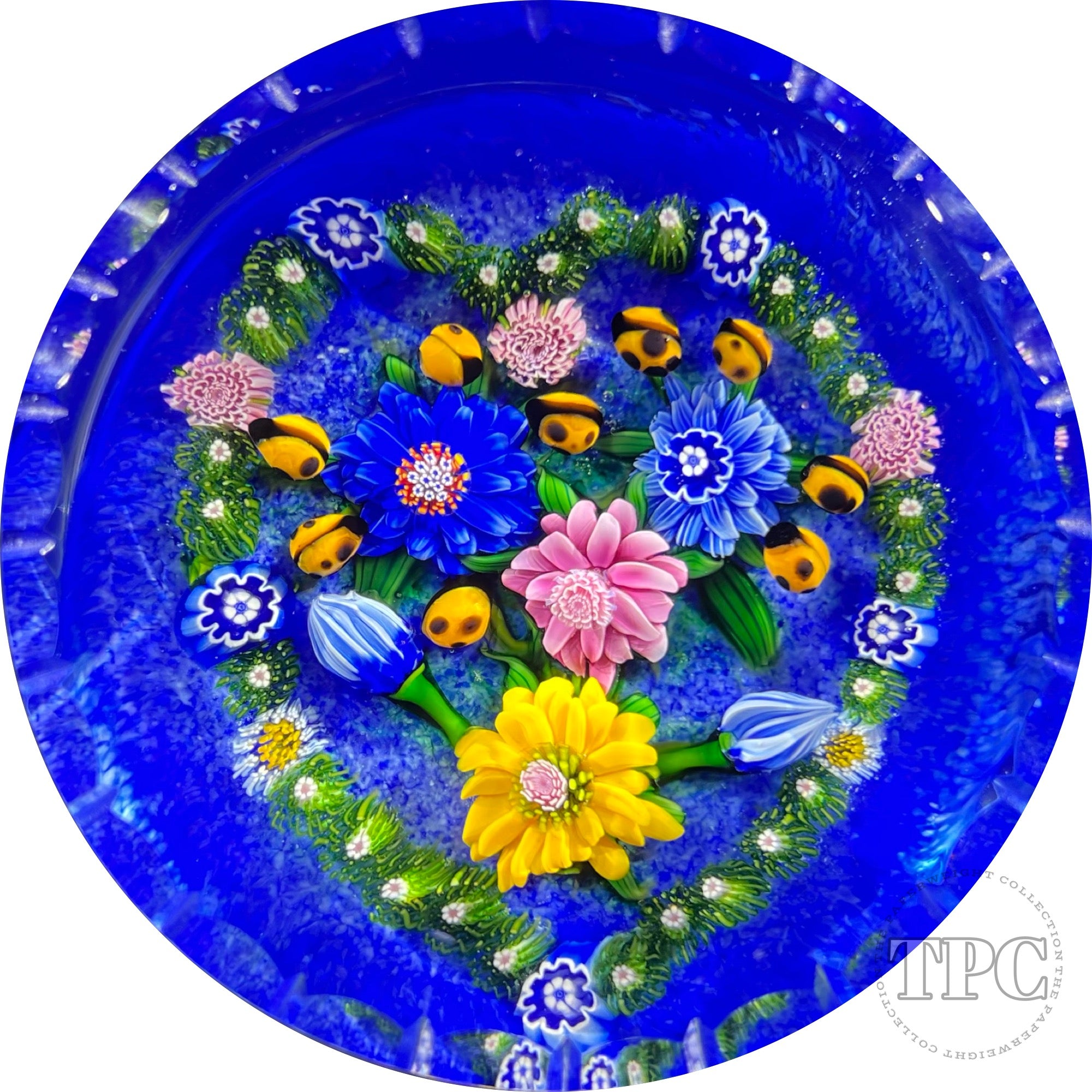 Debbie Tarsitano 2000 Glass Art Paperweight Flamework Flowers with Complex Millefiori & Ladybugs on Blue