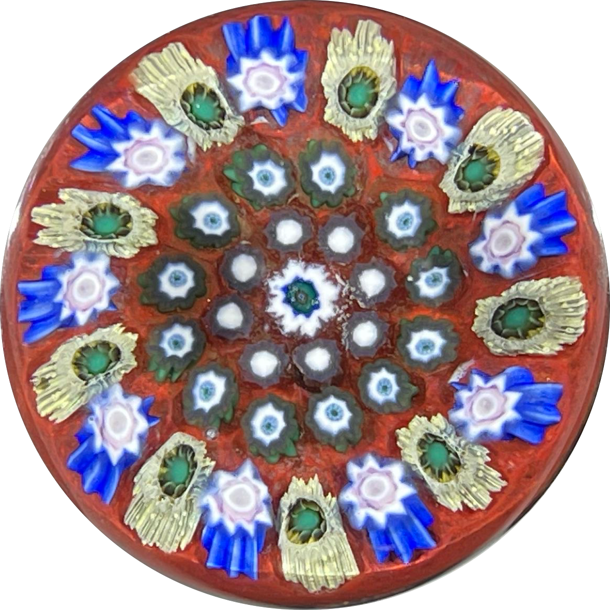 Vintage Strathearn Glass art Paperweight Concentric Millefiori on Red