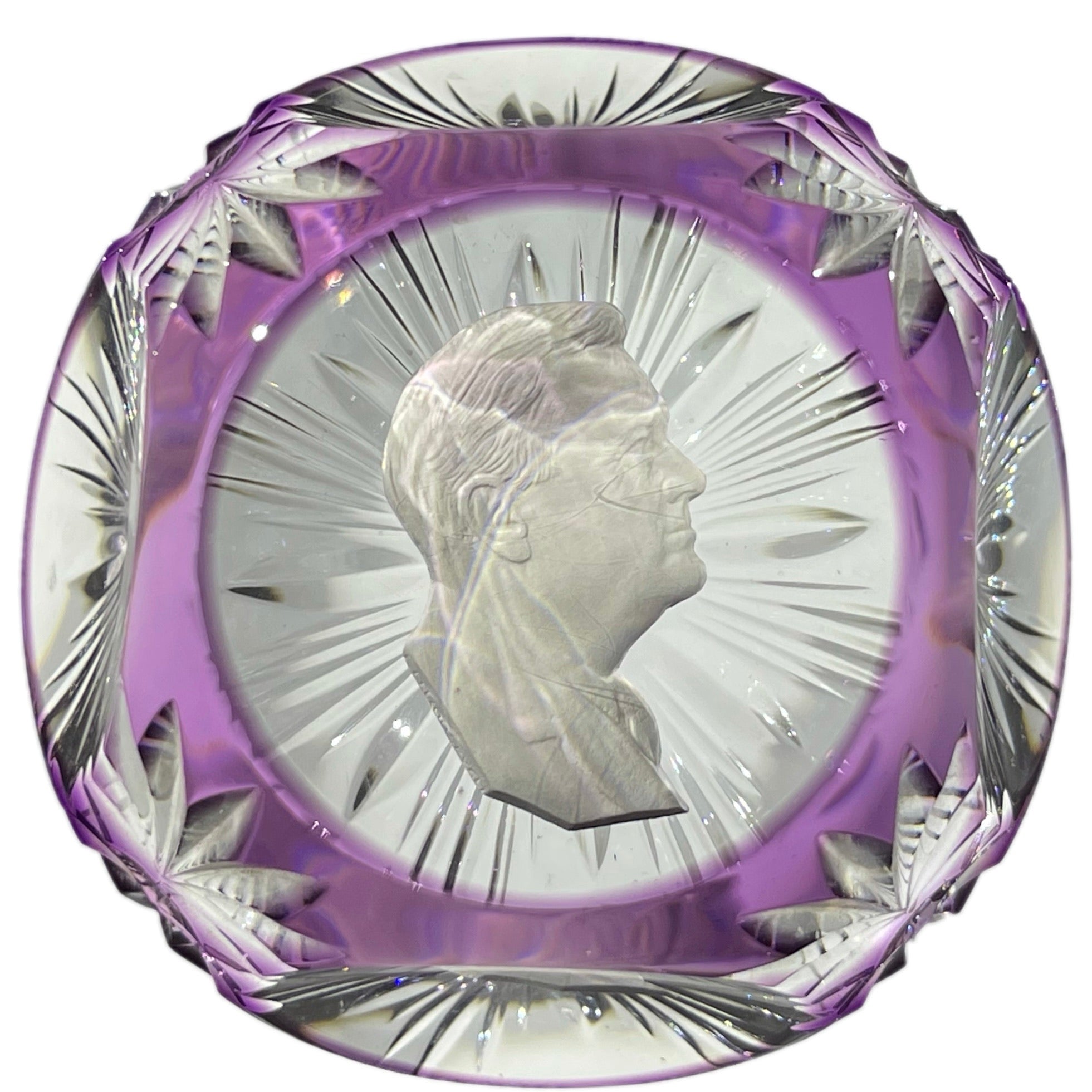 Cristal d'Albret Franklin Delano Roosevelt FDR Sulphide With Fancy Cut Plum Colored Overlay