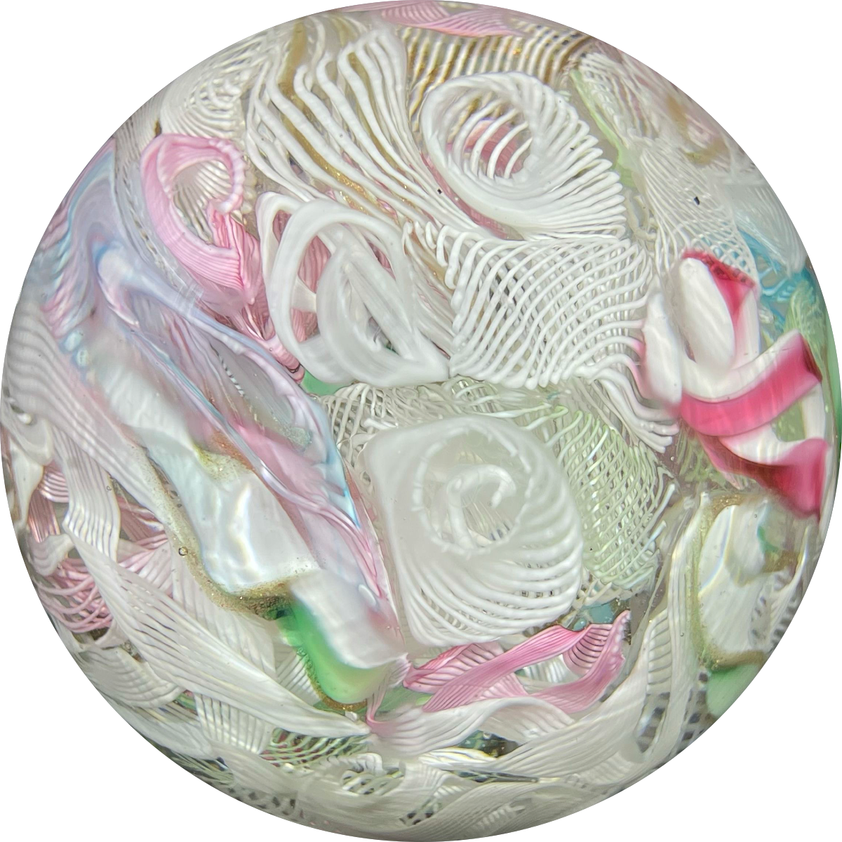 Vintage Magnum Murano Pastel Colored Ribbon Twists and Latticinio Scramble Glass Art Paperweight