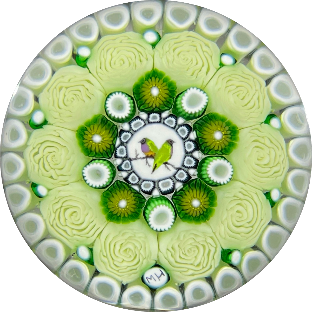 Michael Hunter 2021 Miniature Complex Concentric Millefiori With Gouldian Finch Picture Murrine & Roses