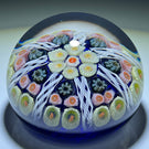 Vintage Strathearn Glass Art Paperweight Colorful Paneled Millefiori with Filligree on Blue Ground