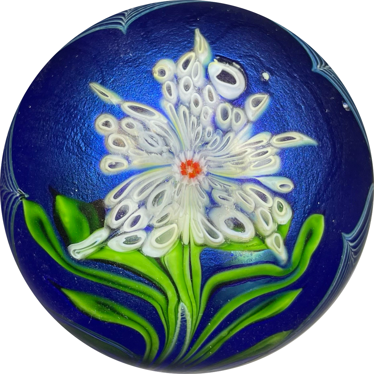 Orient & Flume 1981 Iridescent Torchwork Surface Decorated Flower on Blue Field