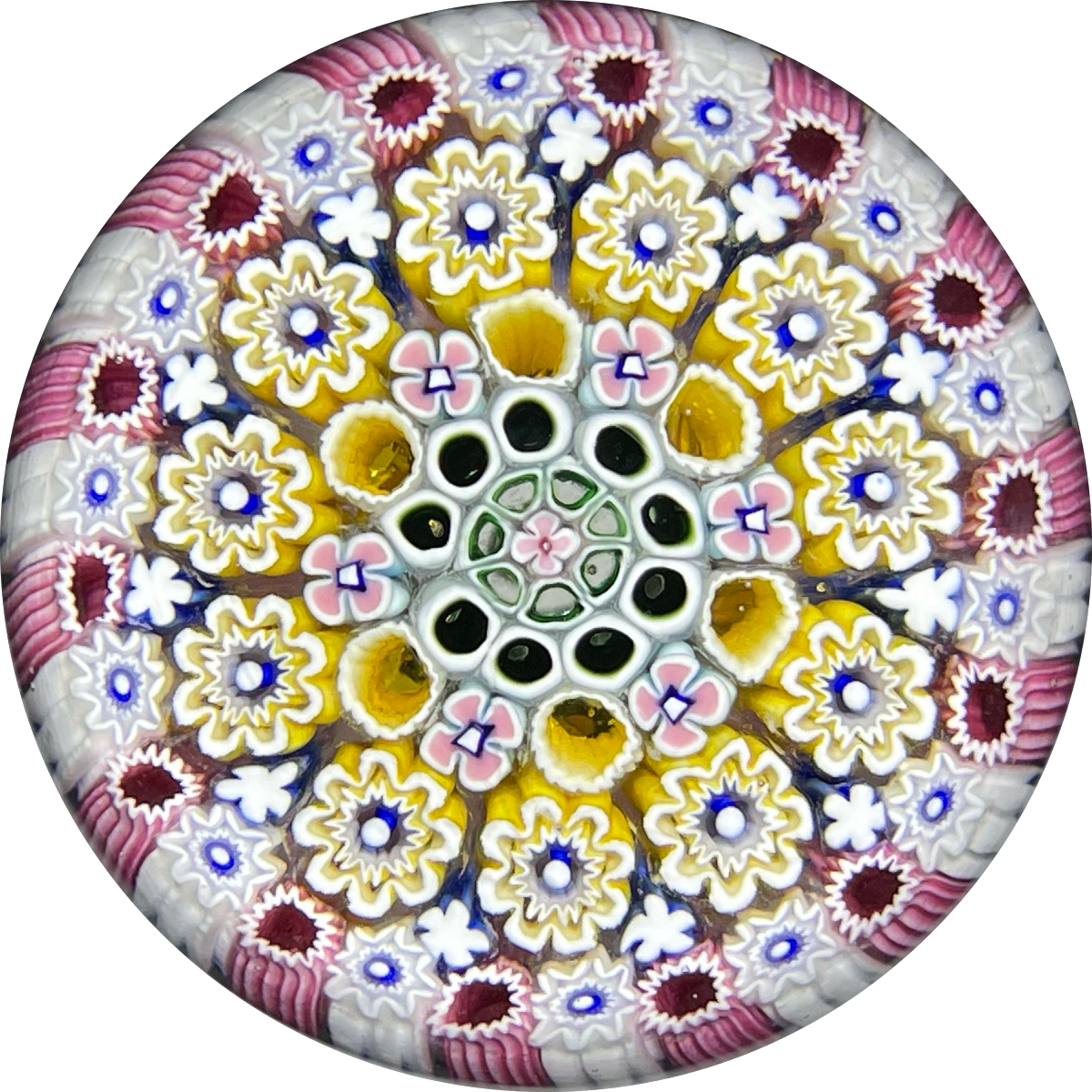 Damon MacNaught 2021 Pink and Yellow Close Concentric Millefiori Glass Art Paperweight