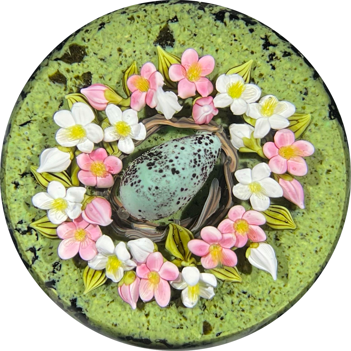 Clinton Smith 2021 Flamework Blue Robin's Egg in a Nest of Pink & White Flowers