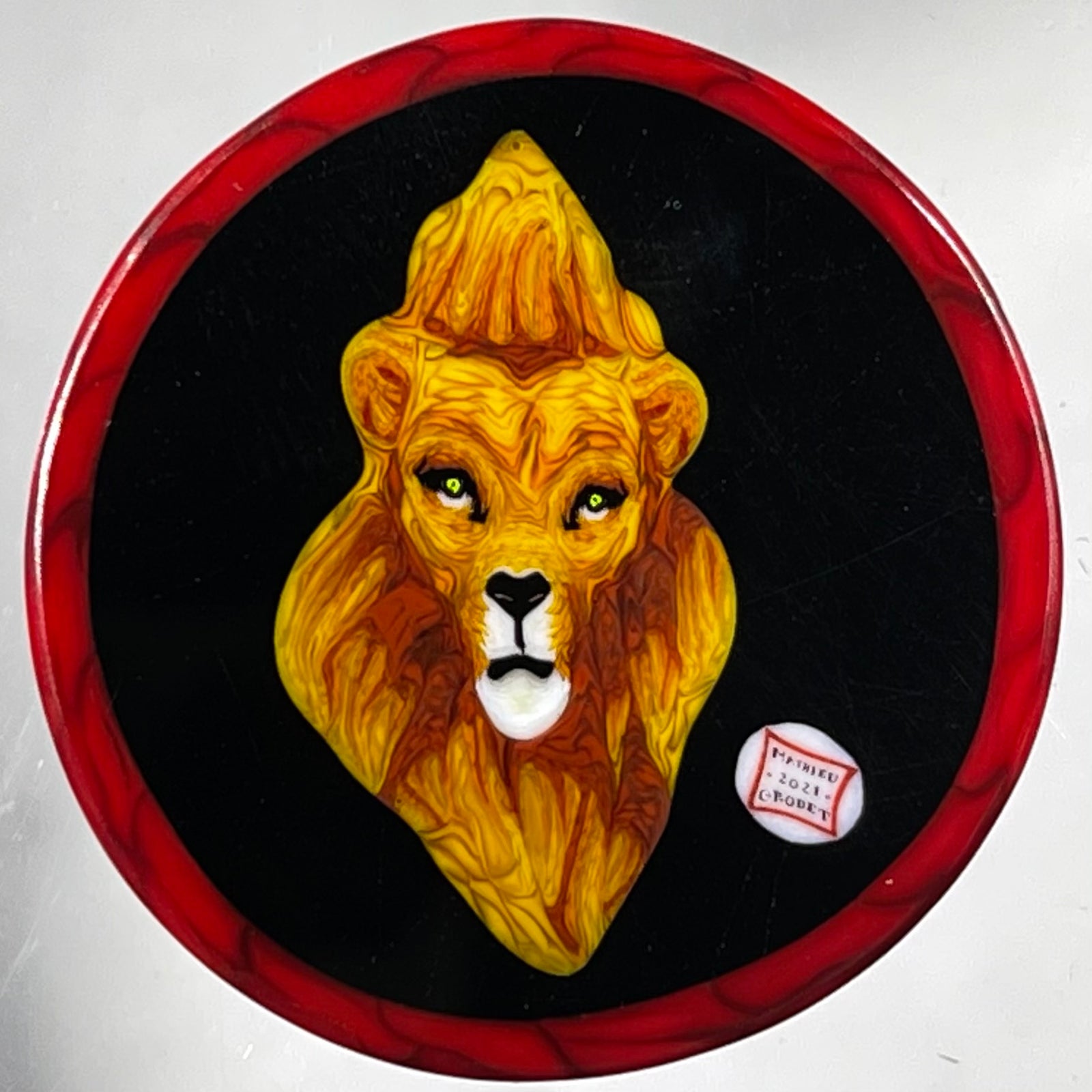 Signed Mathieu Grodet 2021 Murrine Green Eyed Lion with Red Border
