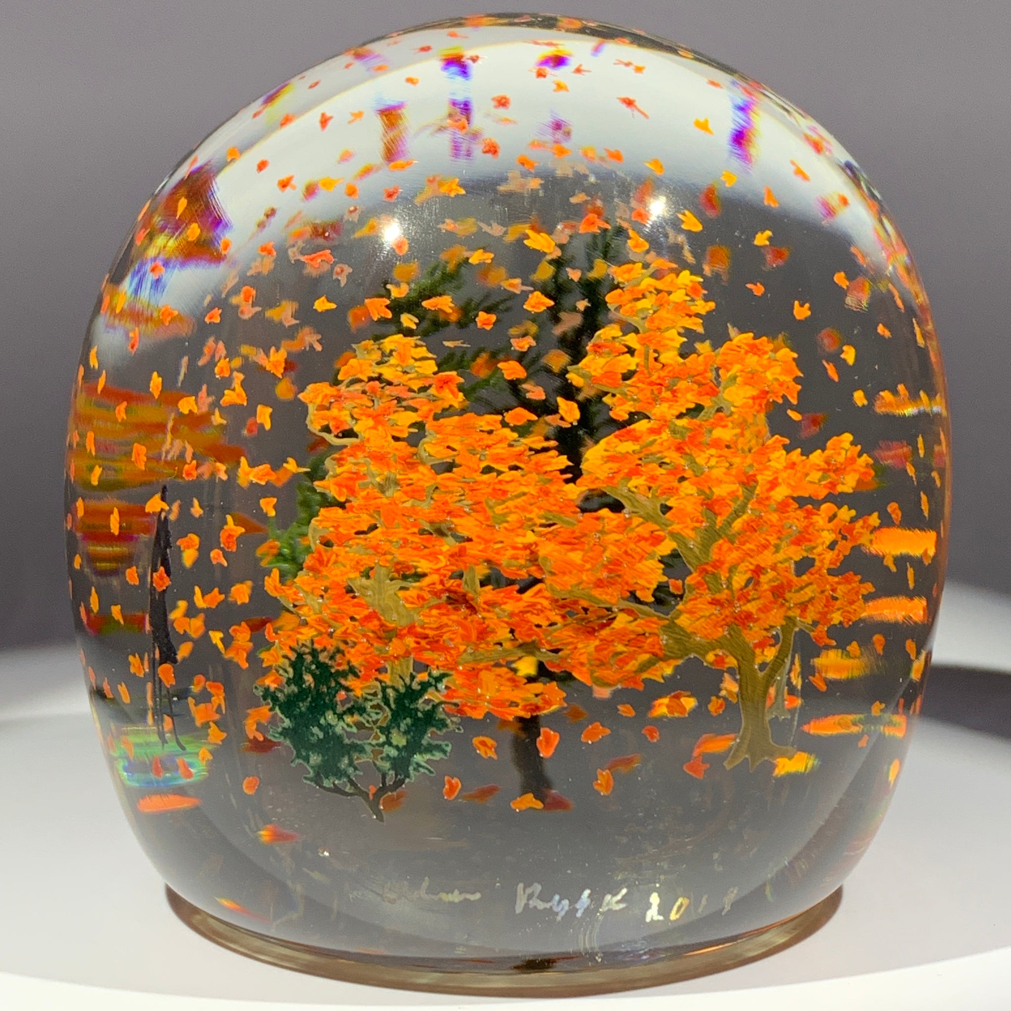 Autumn Ruzsa Signed Alison Ruzsa Windy Falling Leaves Autumn Scene Art Glass Paperw