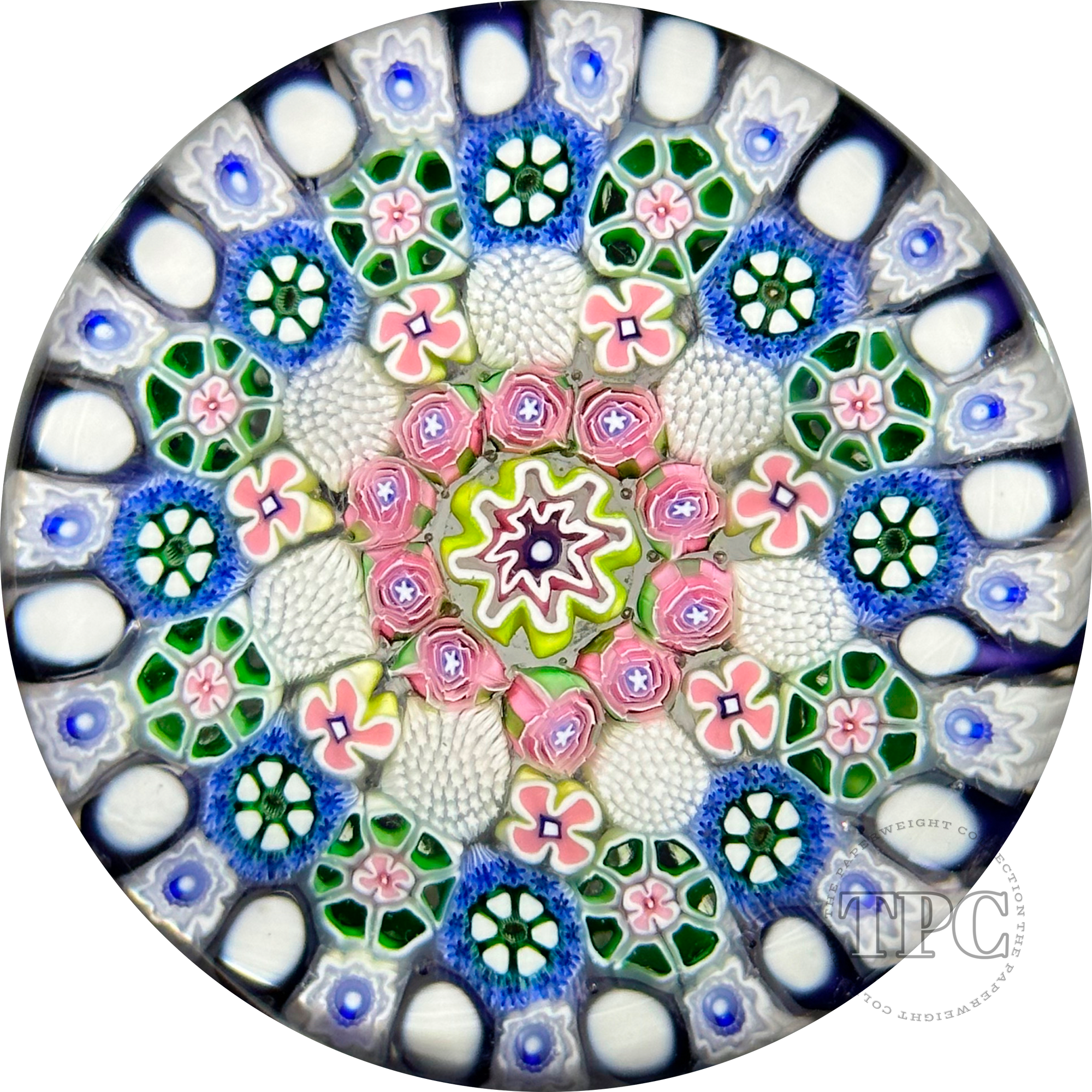 Damon MacNaught 2023 Glass Art Paperweight Complex Concentric Millefiori with Pink Roses and Purple & White Stave Basket